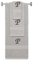 Silver monogrammed towel set with Black thread, Chancery font, initial P - 540 GSM cotton 3-piece
