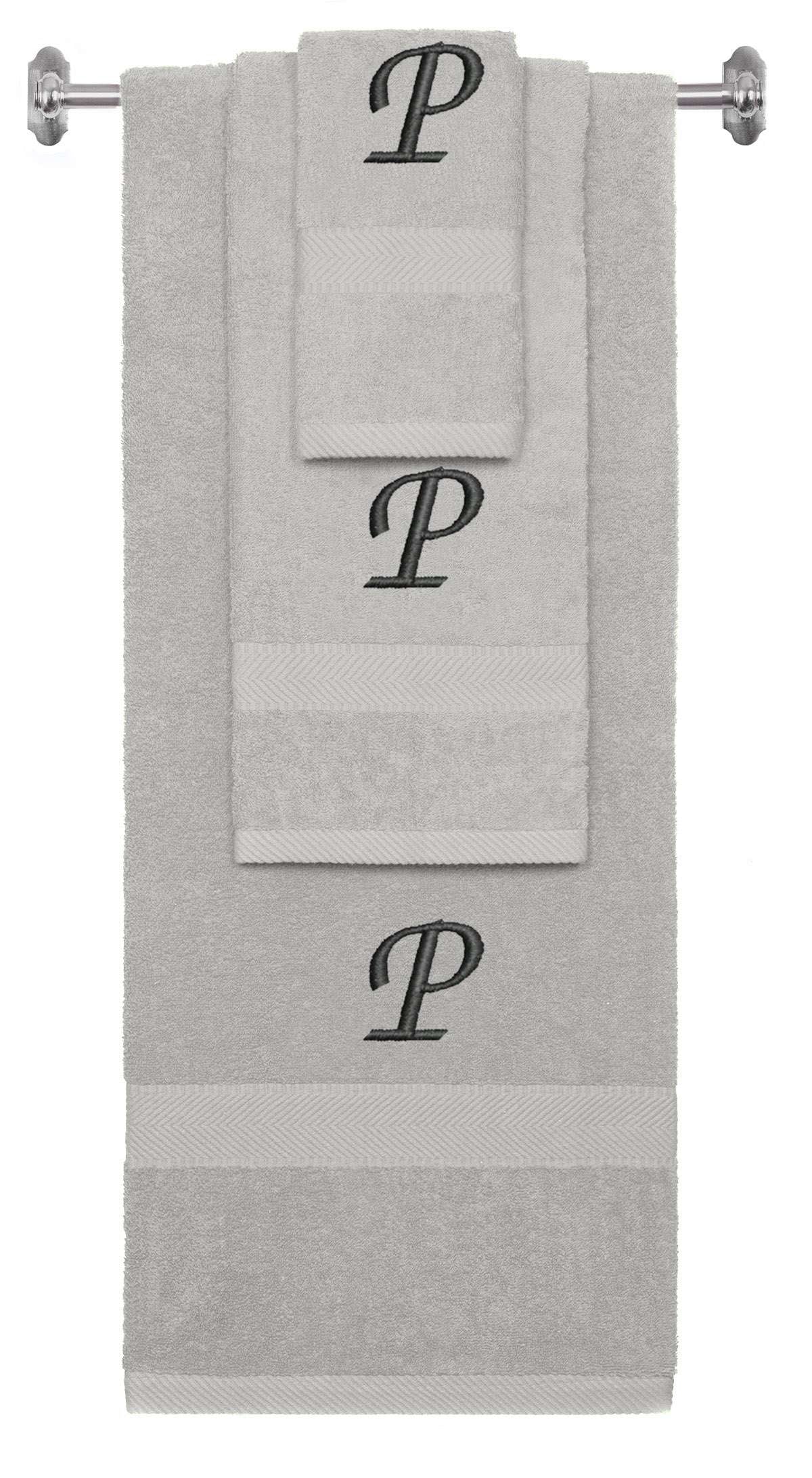 Silver monogrammed towel set with Black thread, Chancery font, initial P - 540 GSM cotton 3-piece
