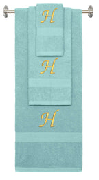 Nautical Teal monogrammed towel set with Gold thread, Chancery font, initial H - 540 GSM cotton 3-piece