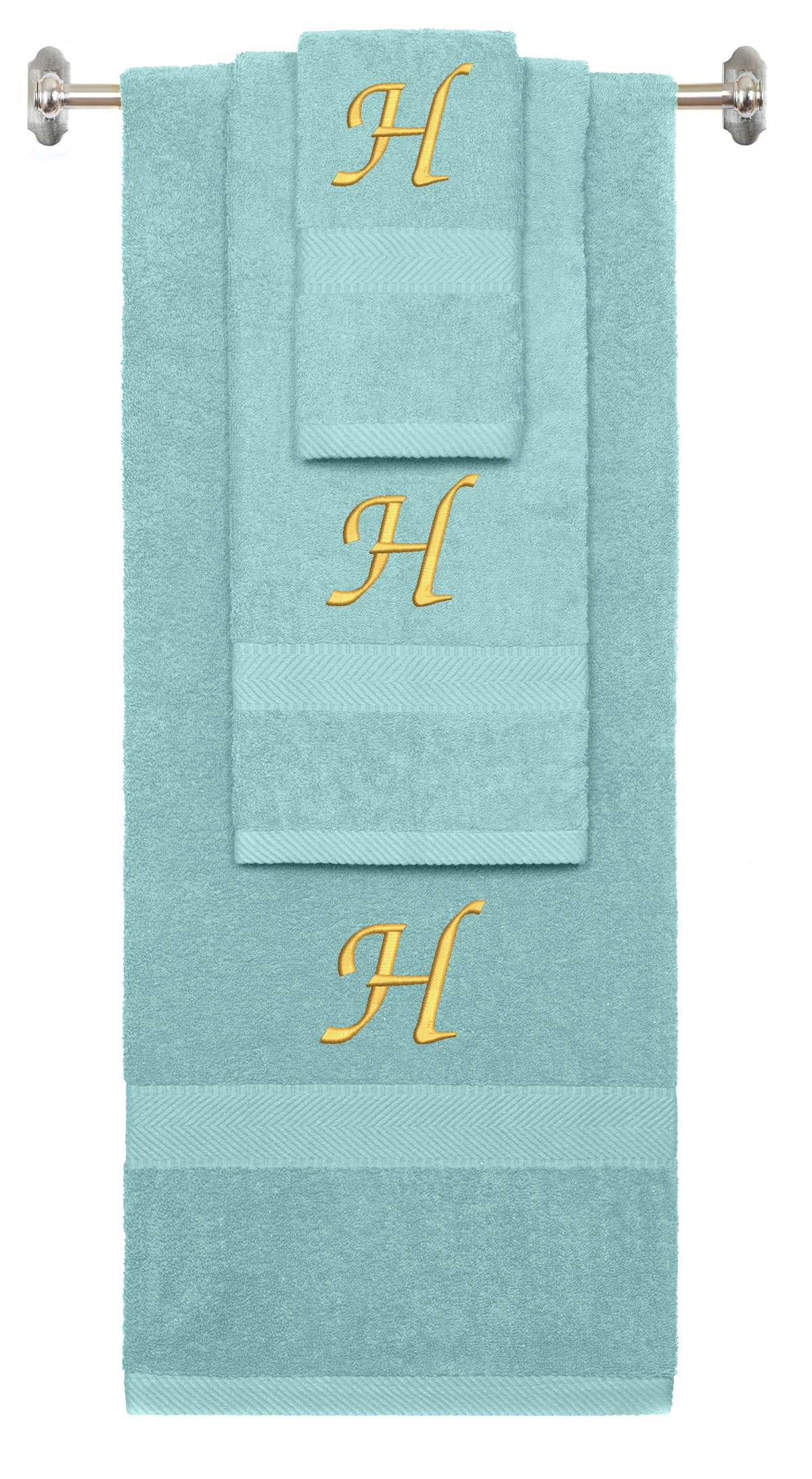Nautical Teal monogrammed towel set with Gold thread, Chancery font, initial H - 540 GSM cotton 3-piece