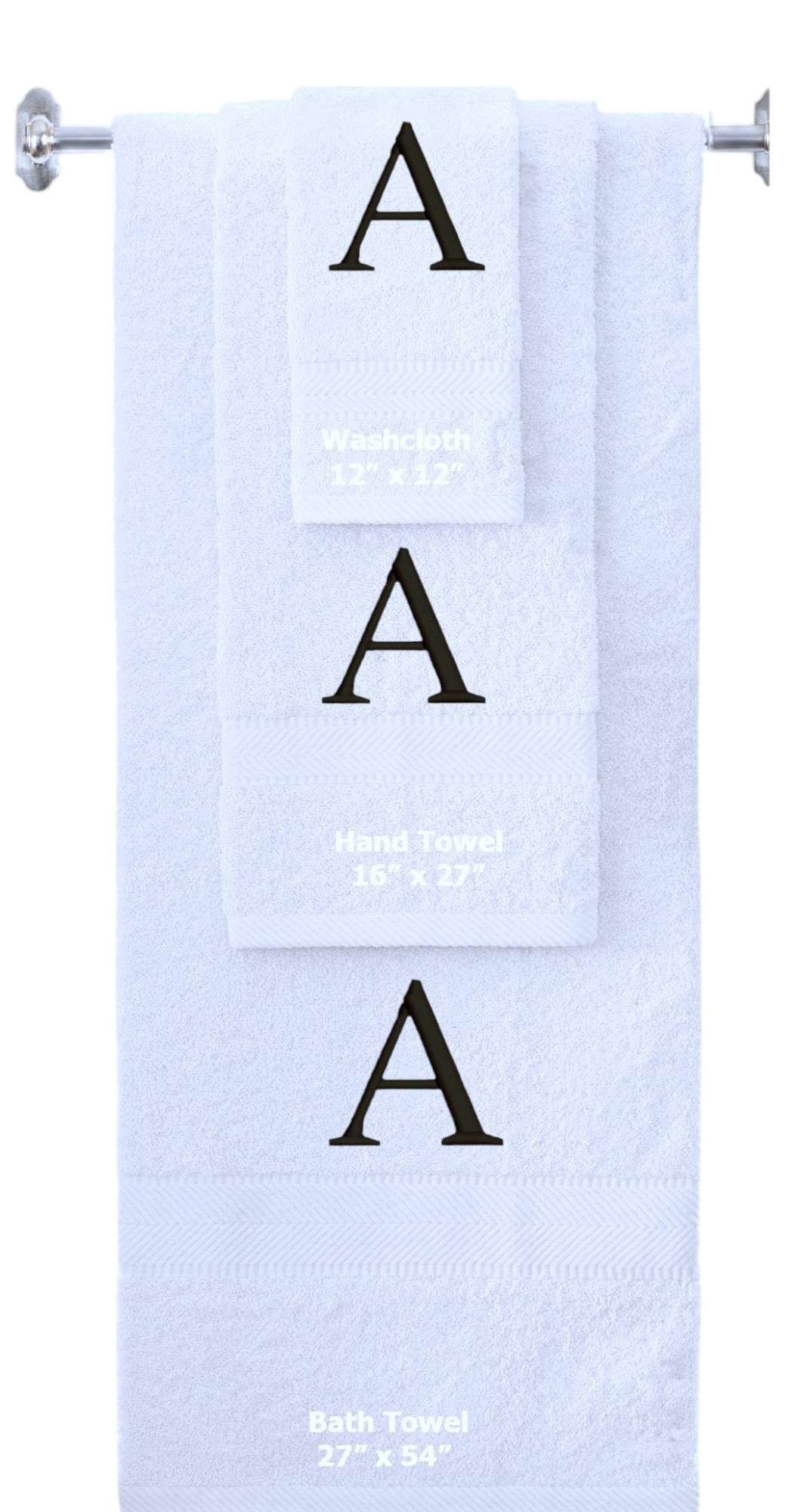 White monogrammed towel set with Black thread, Times New Roman font, initial A - 540 GSM cotton 3-piece