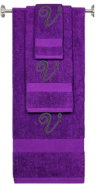 Purple monogrammed towel set with Black thread, Diana Script font, initial V - 540 GSM cotton 3-piece