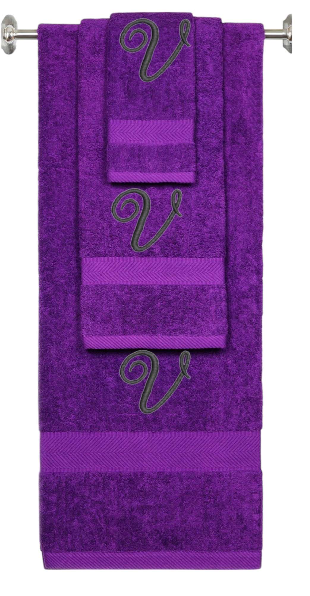 Purple monogrammed towel set with Black thread, Diana Script font, initial V - 540 GSM cotton 3-piece