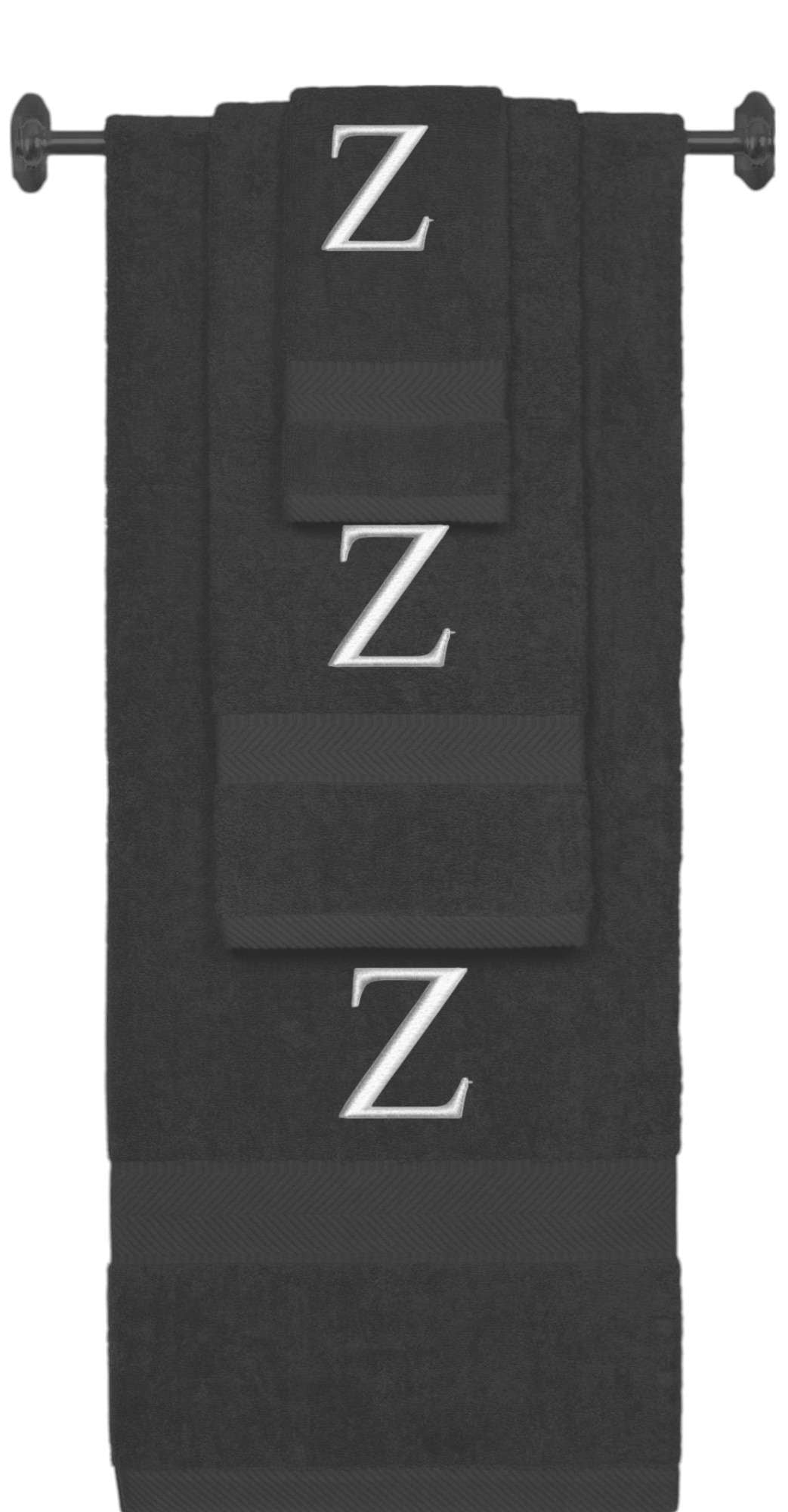Charcoal monogrammed towel set with Silver thread, Times New Roman font, initial Z - 540 GSM cotton 3-piece