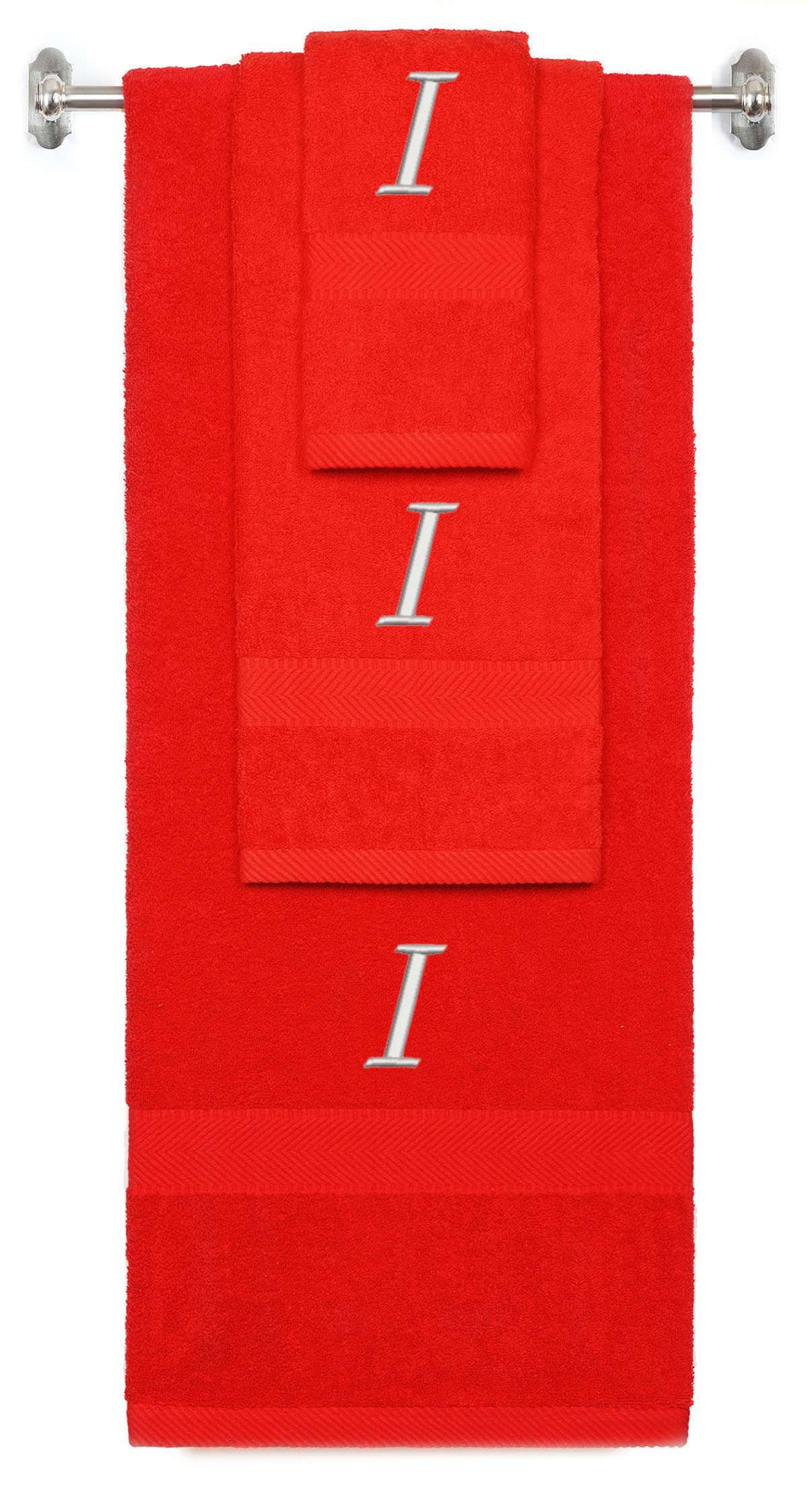 Red monogrammed towel set with Silver thread, Chancery font, initial I - 540 GSM cotton 3-piece