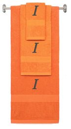 Orange monogrammed towel set with Black thread, Chancery font, initial I - 540 GSM cotton 3-piece