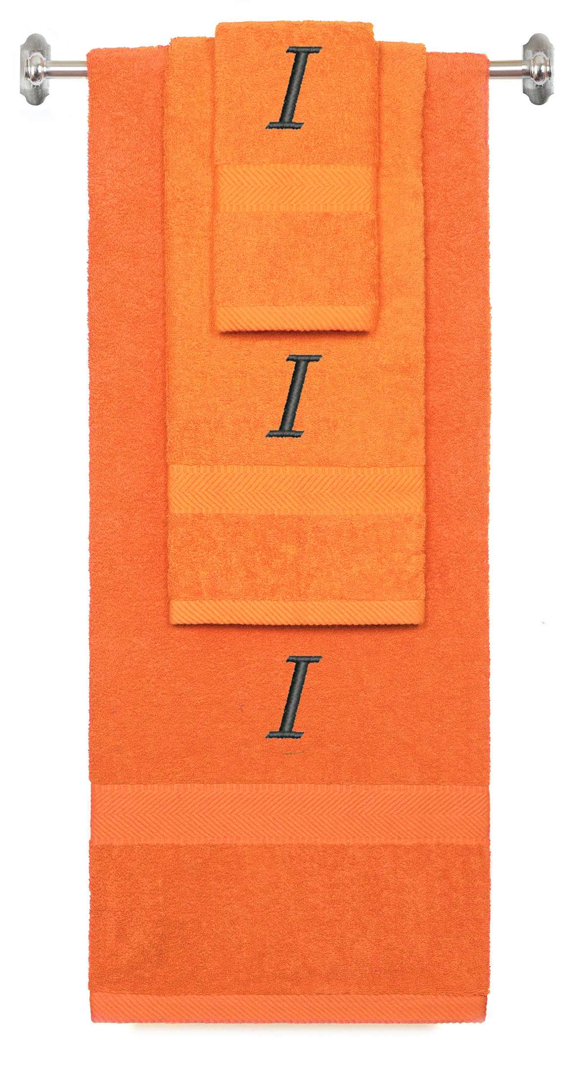 Orange monogrammed towel set with Black thread, Chancery font, initial I - 540 GSM cotton 3-piece