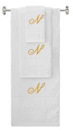 White monogrammed towel set with Gold thread, Diana Script font, initial N - 540 GSM cotton 3-piece