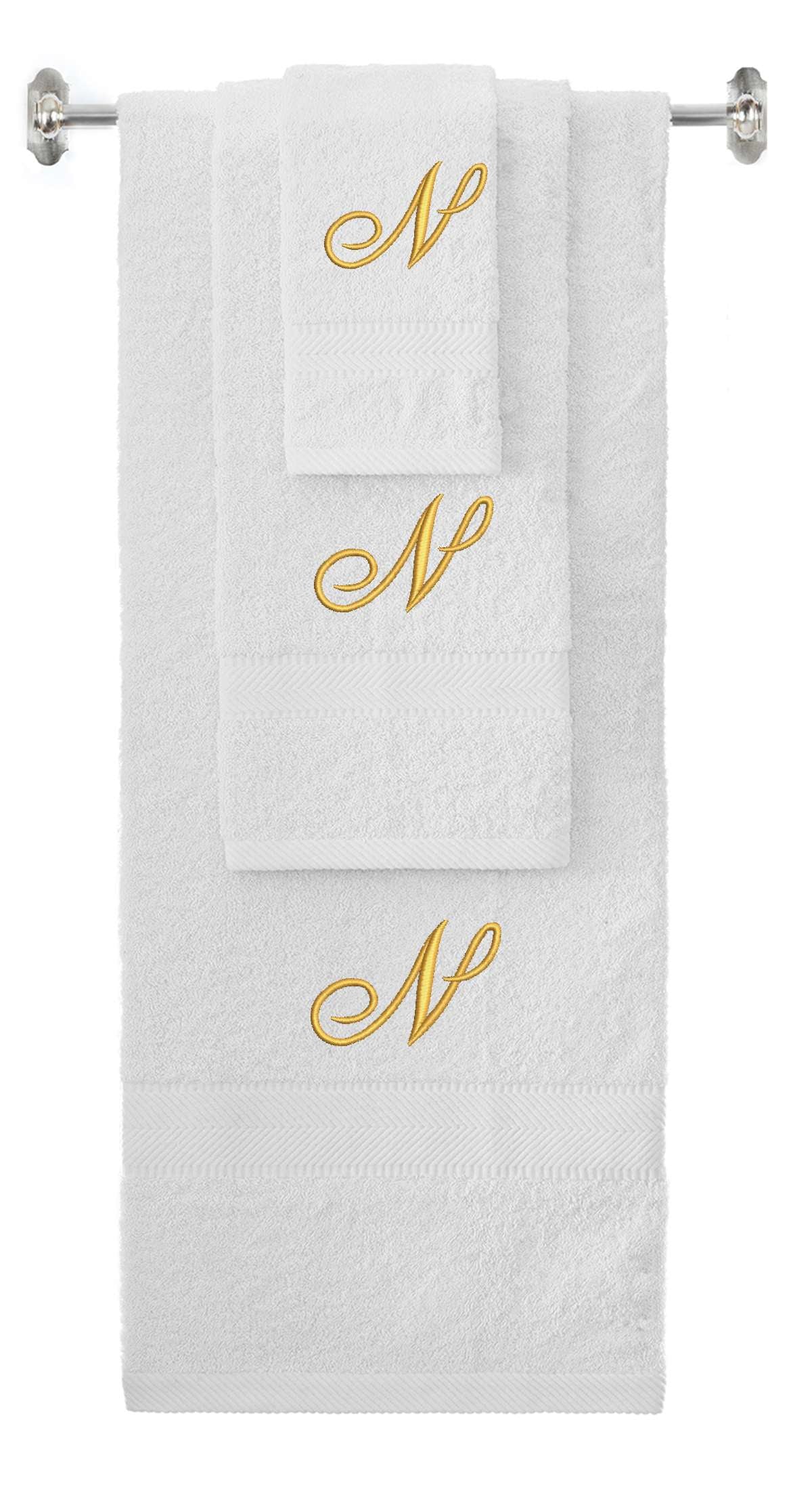 White monogrammed towel set with Gold thread, Diana Script font, initial N - 540 GSM cotton 3-piece