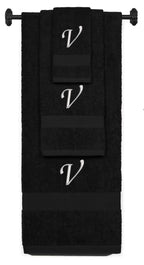 Black monogrammed towel set with Silver thread, Chancery font, initial V - 540 GSM cotton 3-piece