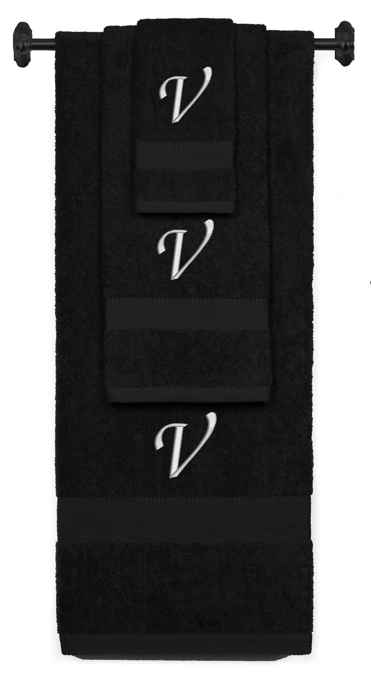 Black monogrammed towel set with Silver thread, Chancery font, initial V - 540 GSM cotton 3-piece