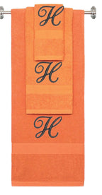 Orange monogrammed towel set with Black thread, Diana Script font, initial H - 540 GSM cotton 3-piece