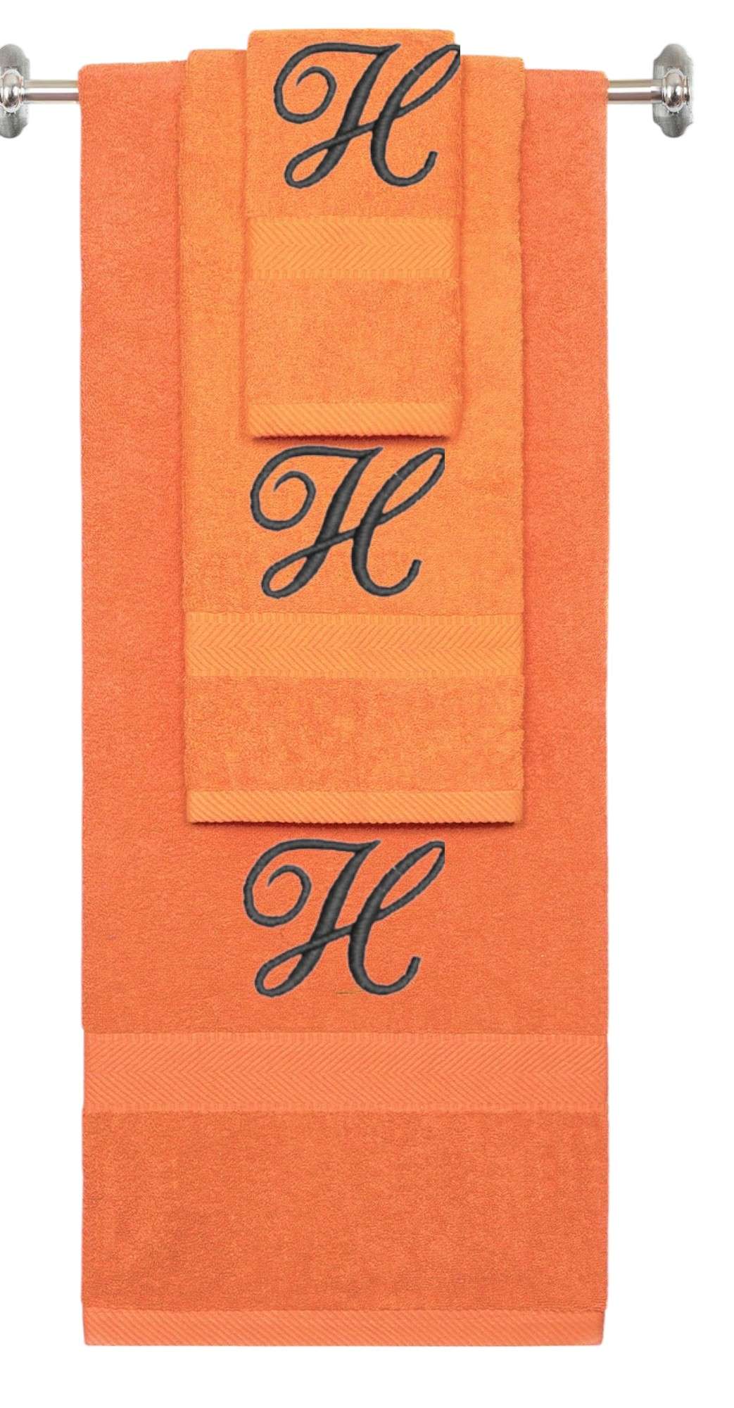 Orange monogrammed towel set with Black thread, Diana Script font, initial H - 540 GSM cotton 3-piece
