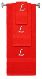 Red monogrammed towel set with White thread, Chancery font, initial L - 540 GSM cotton 3-piece