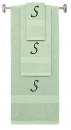Mint Green monogrammed towel set with Black thread, Chancery font, initial T - 540 GSM cotton 3-piece