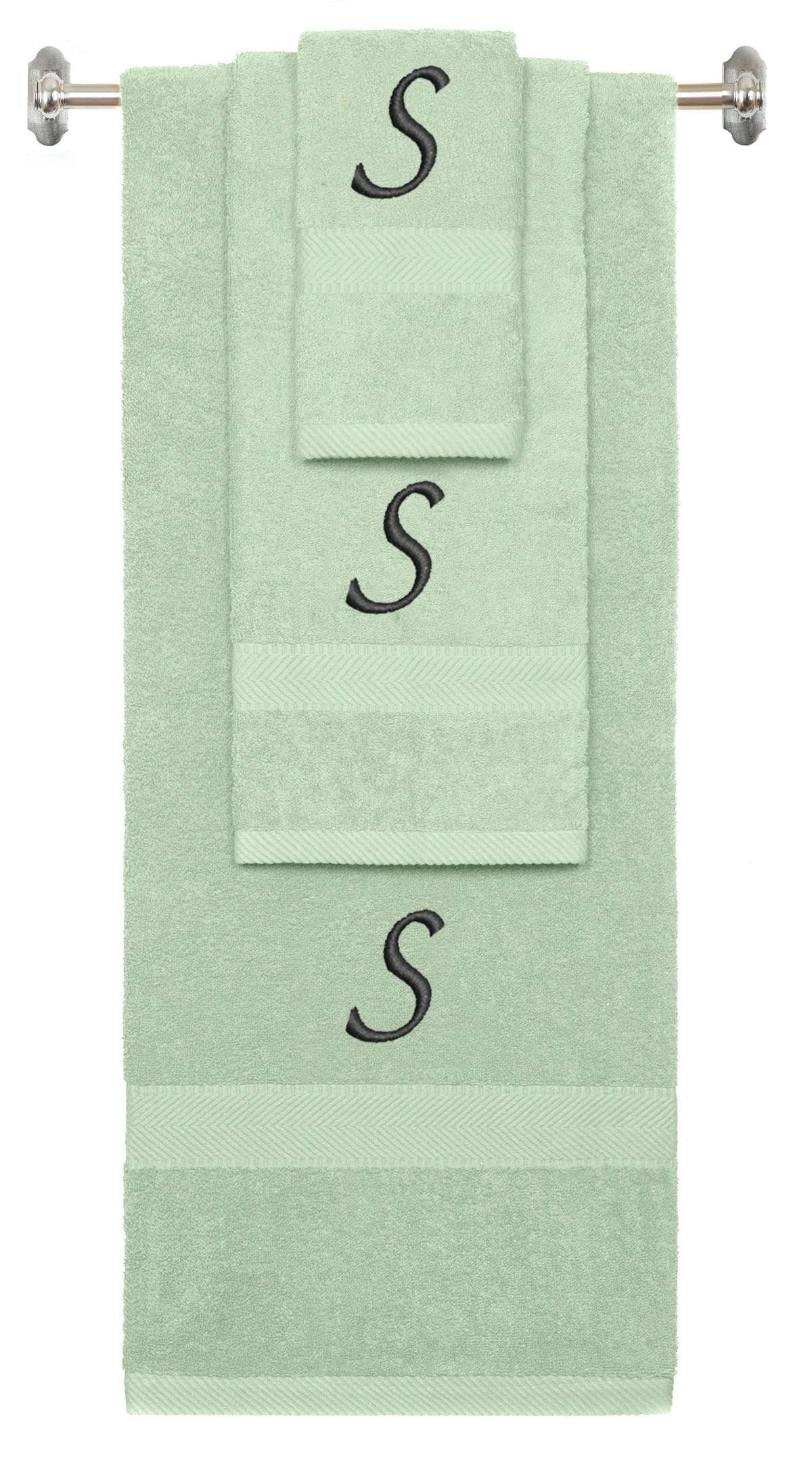 Mint Green monogrammed towel set with Black thread, Chancery font, initial T - 540 GSM cotton 3-piece