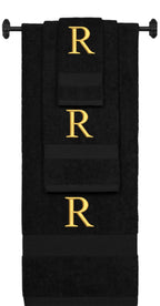 Black monogrammed towel set with Gold thread, Times New Roman font, initial R - 540 GSM cotton 3-piece