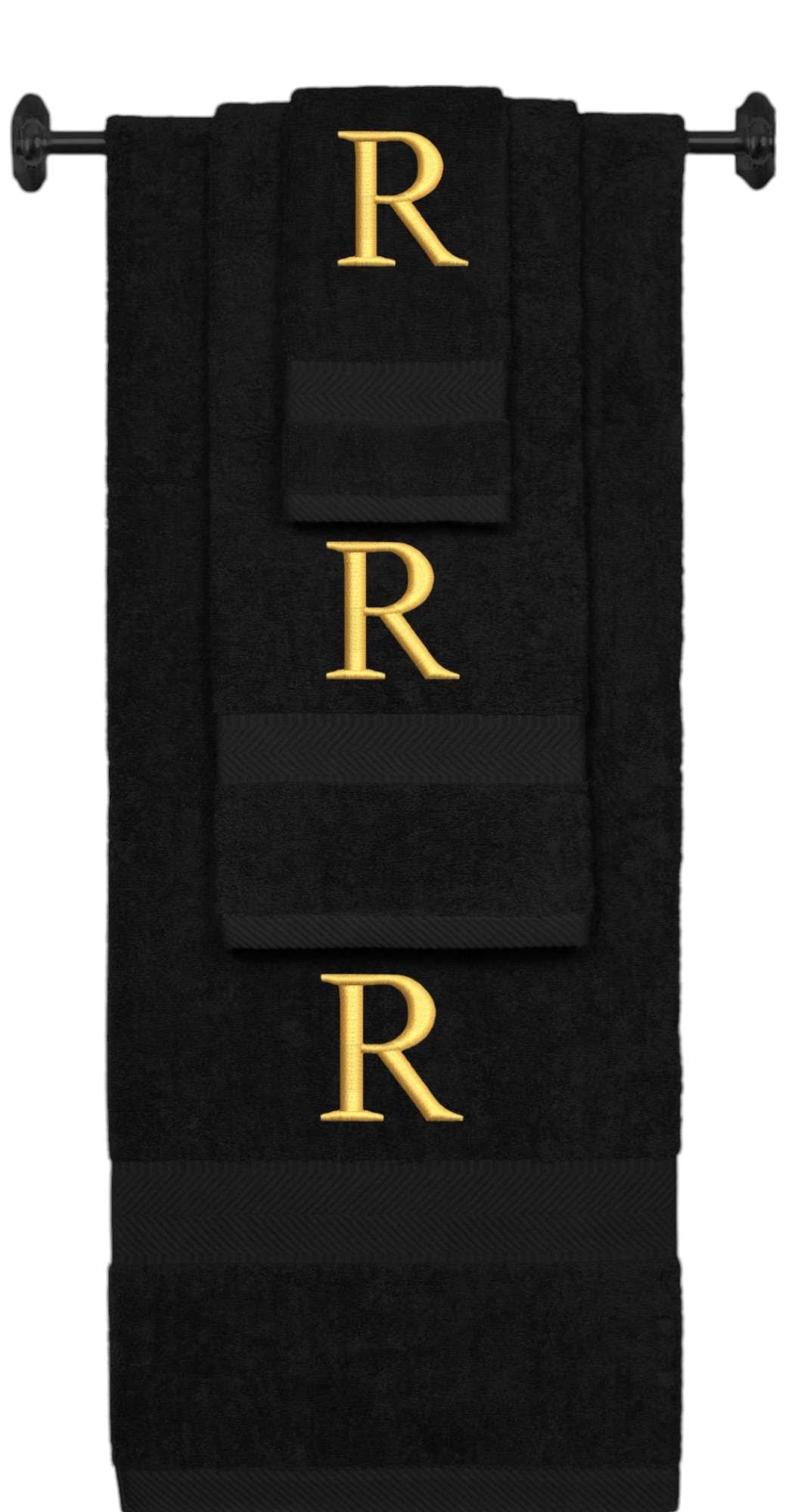 Black monogrammed towel set with Gold thread, Times New Roman font, initial R - 540 GSM cotton 3-piece