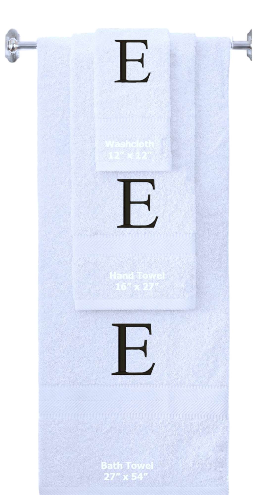 White monogrammed towel set with Black thread, Times New Roman font, initial E - 540 GSM cotton 3-piece