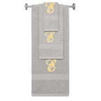 Silver monogrammed towel set with Gold thread, Diana Script font, initial E - 540 GSM cotton 3-piece