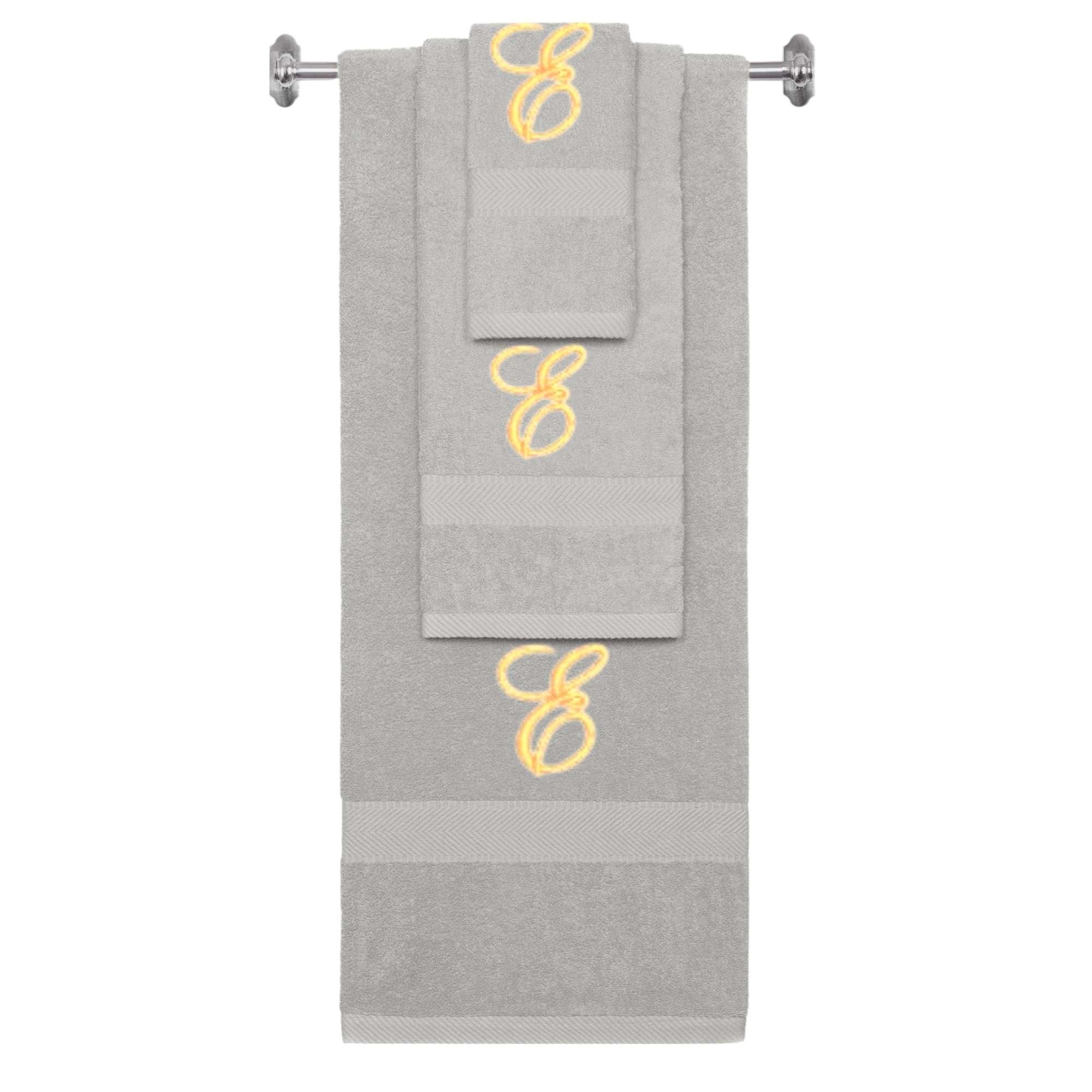 Silver monogrammed towel set with Gold thread, Diana Script font, initial E - 540 GSM cotton 3-piece