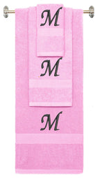 Pink monogrammed towel set with Black thread, Chancery font, initial M - 540 GSM cotton 3-piece