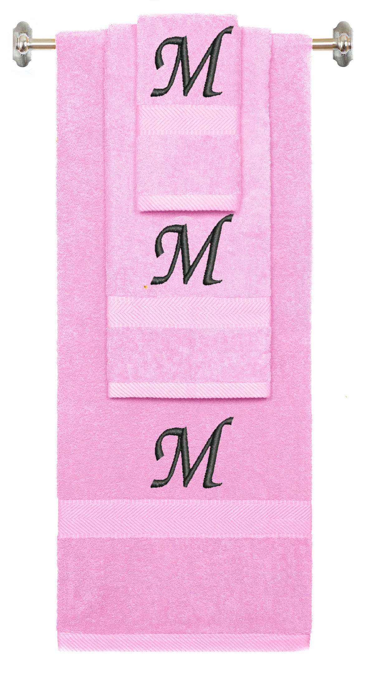 Pink monogrammed towel set with Black thread, Chancery font, initial M - 540 GSM cotton 3-piece