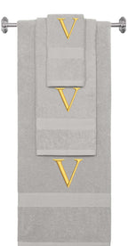 Silver monogrammed towel set with Gold thread, Times New Roman font, initial V - 540 GSM cotton 3-piece