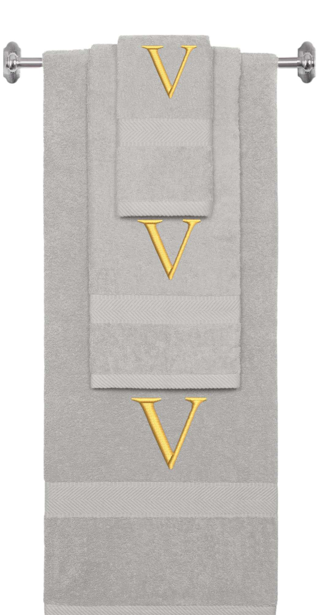 Silver monogrammed towel set with Gold thread, Times New Roman font, initial V - 540 GSM cotton 3-piece