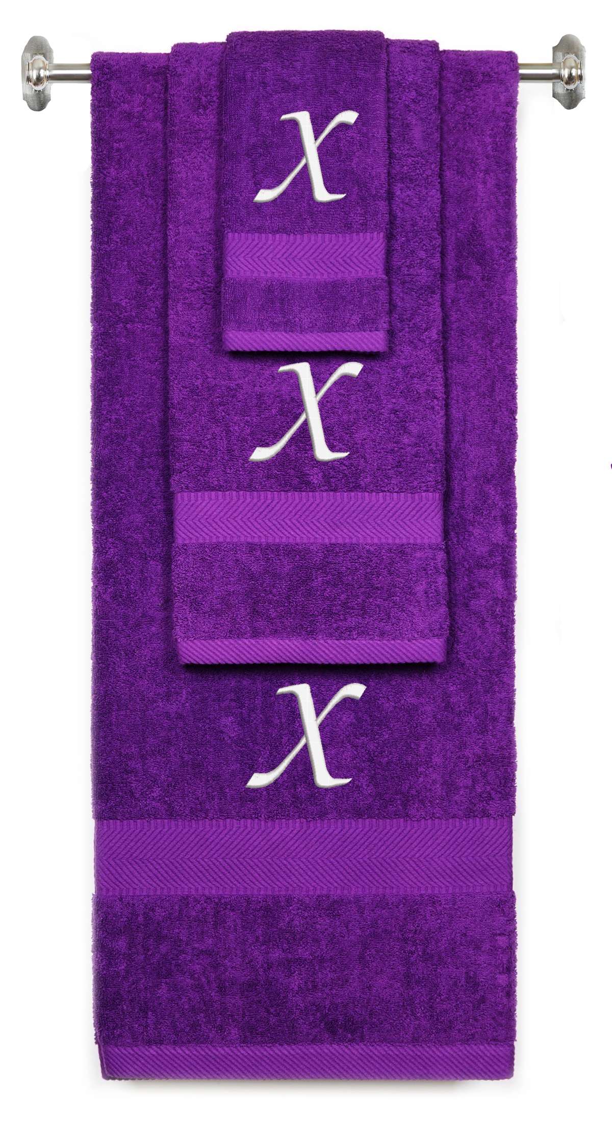 Purple monogrammed towel set with White thread, Chancery font, initial X - 540 GSM cotton 3-piece