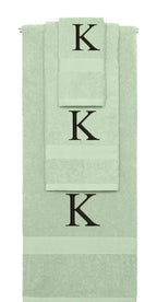 Mint Green monogrammed towel set with Black thread, Times New Roman font, initial K - 540 GSM cotton 3-piece
