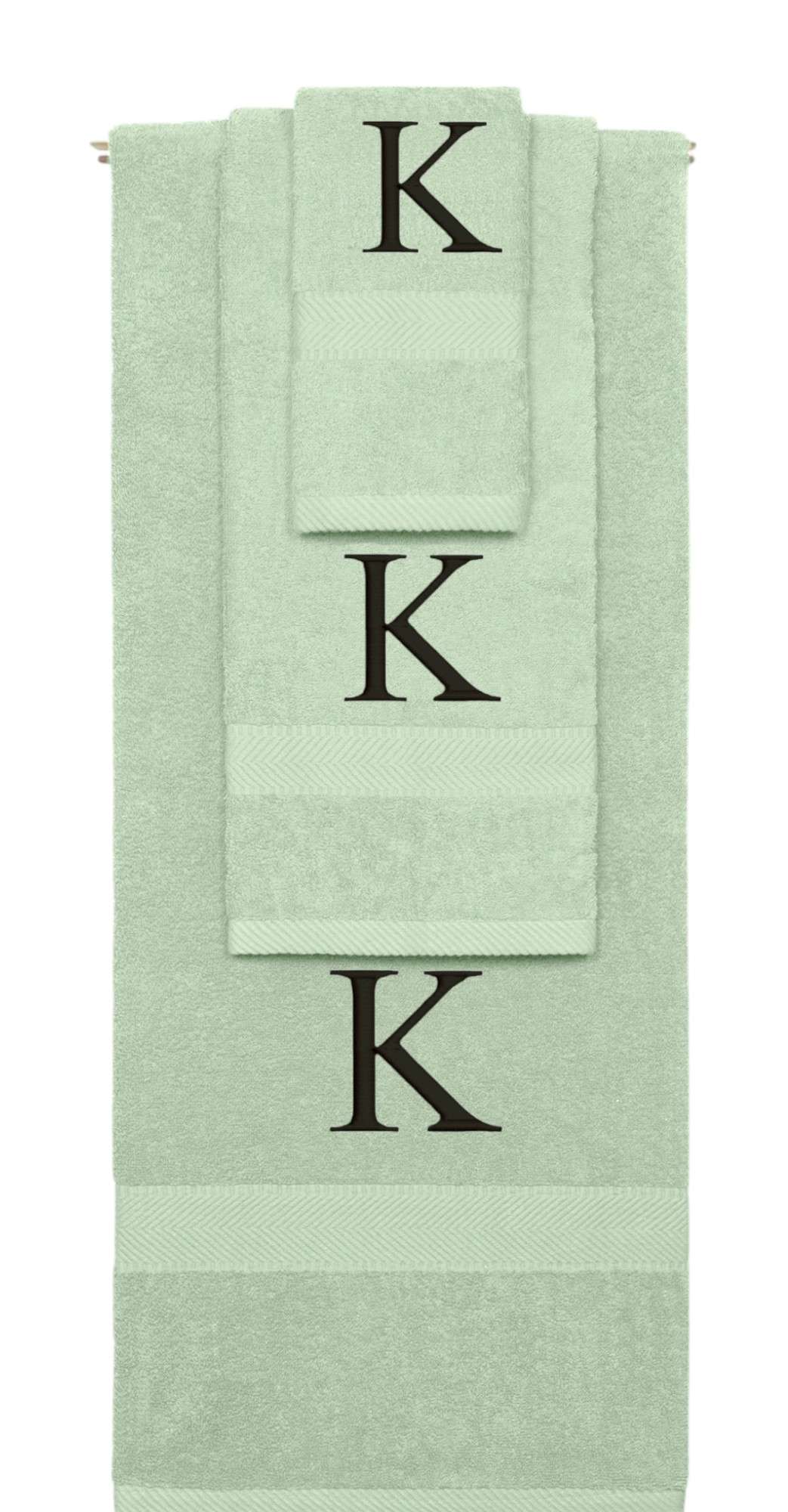 Mint Green monogrammed towel set with Black thread, Times New Roman font, initial K - 540 GSM cotton 3-piece