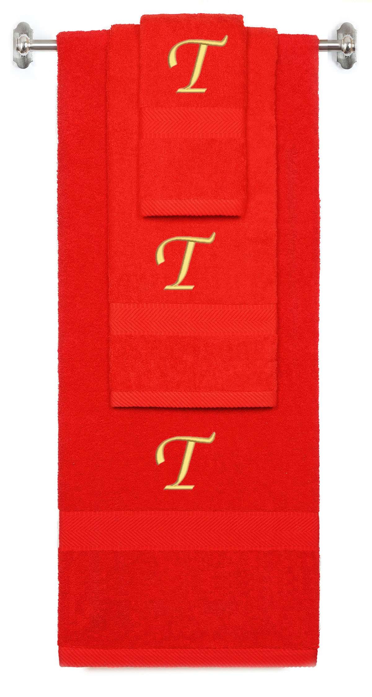 Red monogrammed towel set with Gold thread, Chancery font, initial T - 540 GSM cotton 3-piece