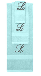 Nautical Teal monogrammed towel set with Black thread, Diana Script font, initial L - 540 GSM cotton 3-piece