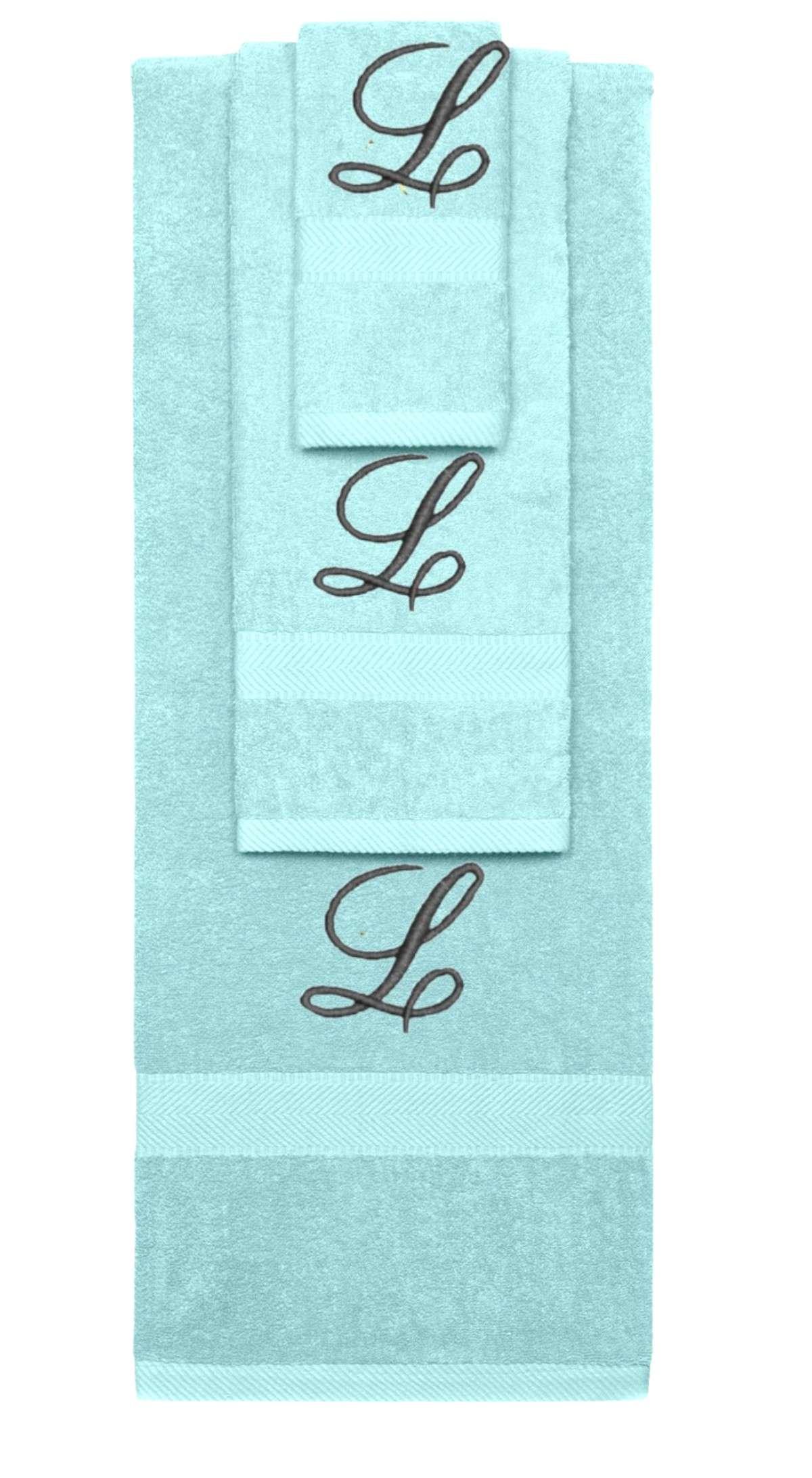 Nautical Teal monogrammed towel set with Black thread, Diana Script font, initial L - 540 GSM cotton 3-piece