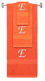 Orange monogrammed towel set with White thread, Chancery font, initial E - 540 GSM cotton 3-piece