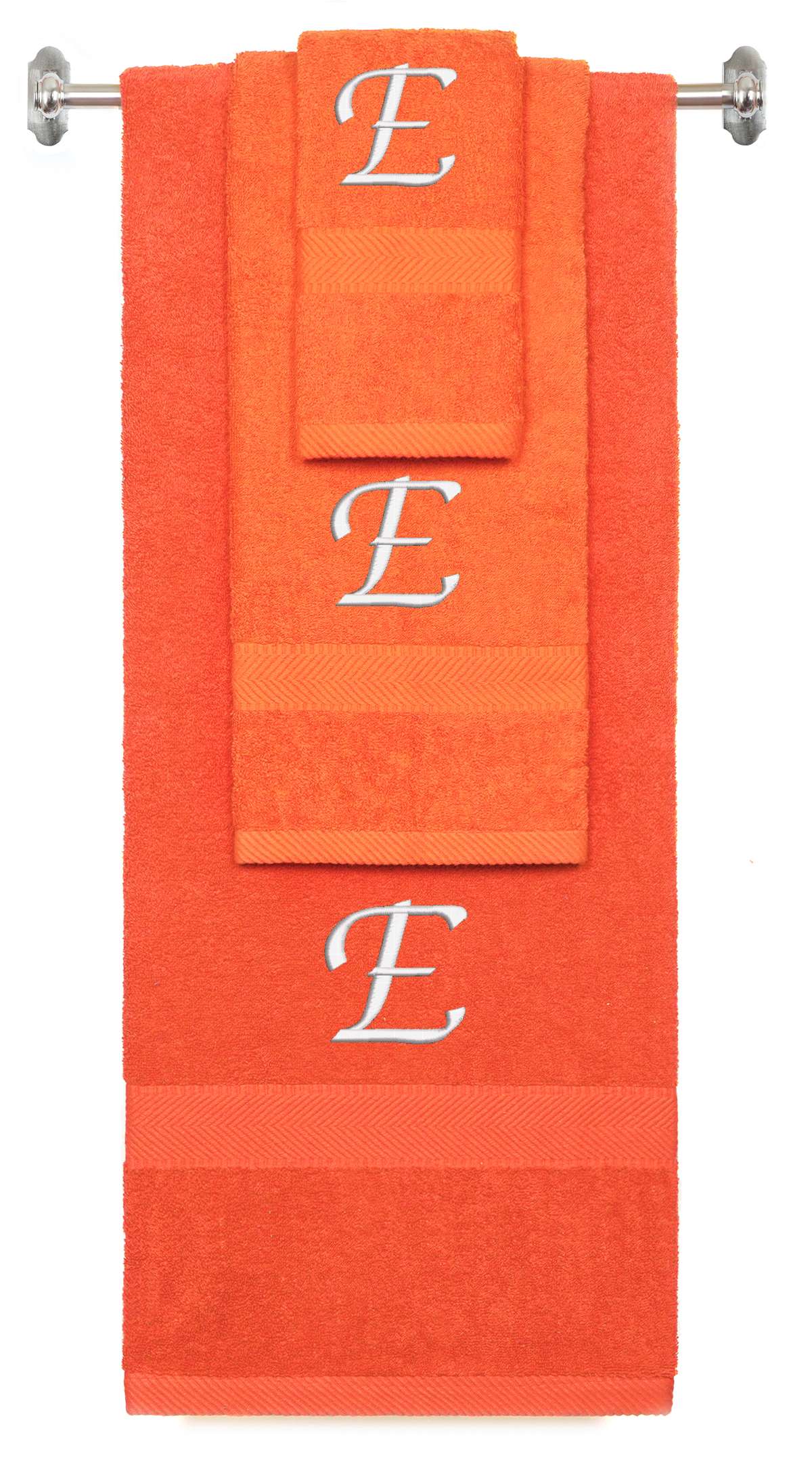 Orange monogrammed towel set with White thread, Chancery font, initial E - 540 GSM cotton 3-piece