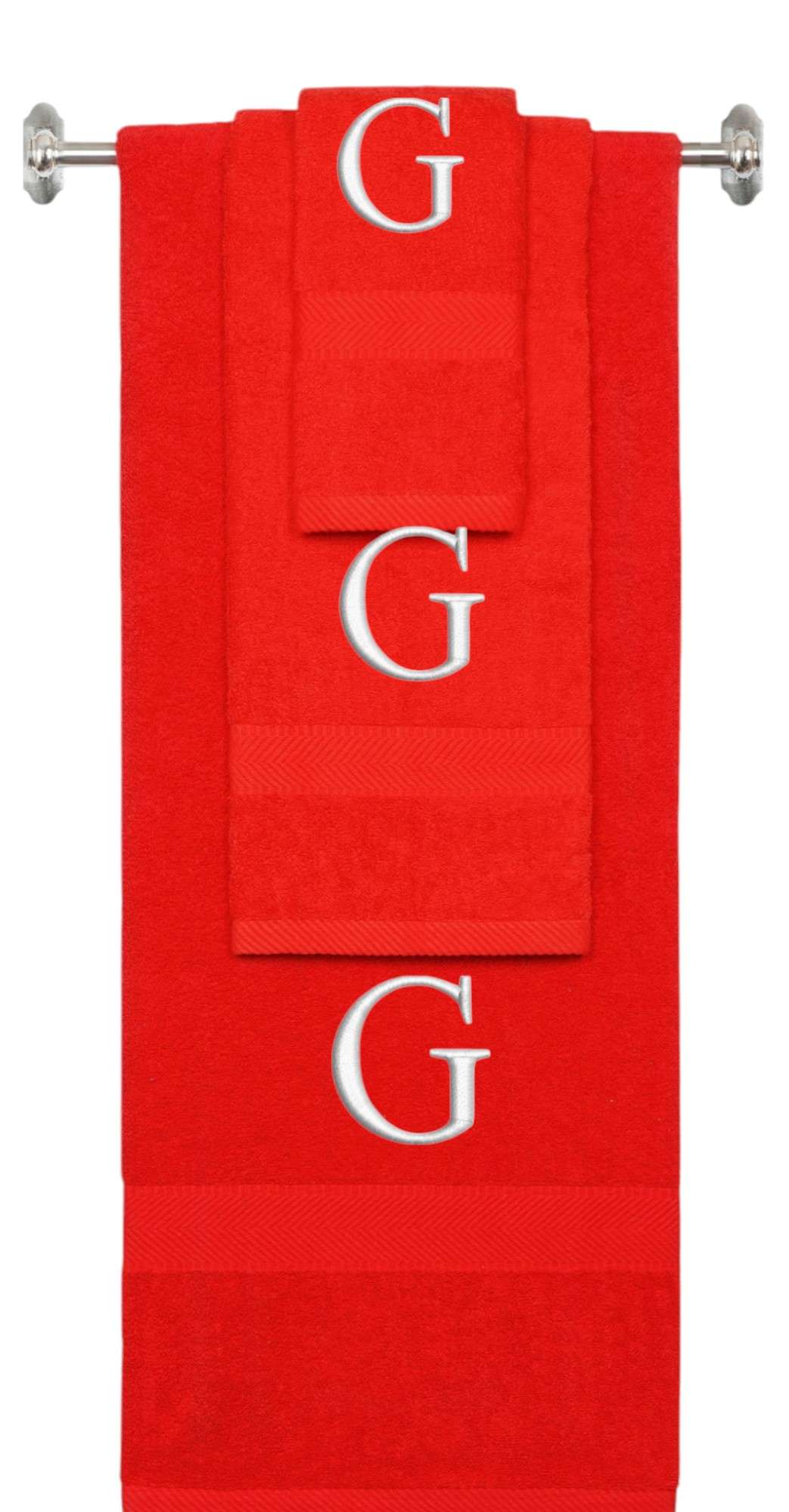 Red monogrammed towel set with Silver thread, Times New Roman font, initial G - 540 GSM cotton 3-piece