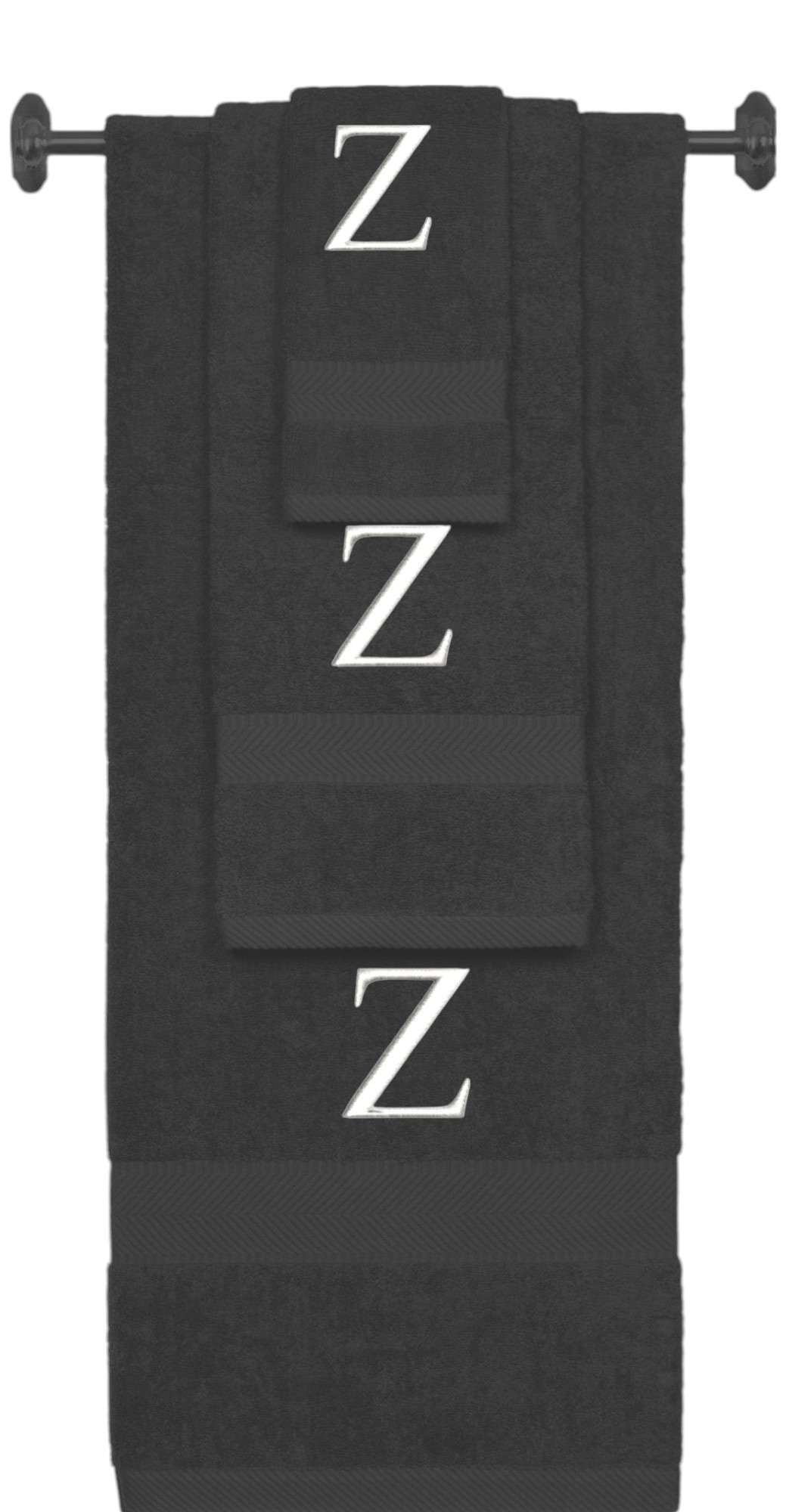 Charcoal monogrammed towel set with White thread, Times New Roman font, initial Z - 540 GSM cotton 3-piece
