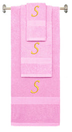Pink monogrammed towel set with Gold thread, Chancery font, initial S - 540 GSM cotton 3-piece