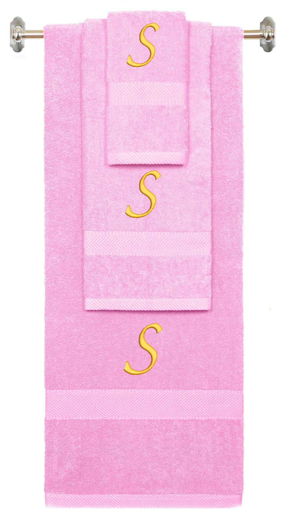 Pink monogrammed towel set with Gold thread, Chancery font, initial S - 540 GSM cotton 3-piece