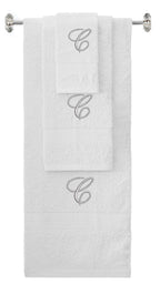 White monogrammed towel set with Silver thread, Diana Script font, initial C - 540 GSM cotton 3-piece