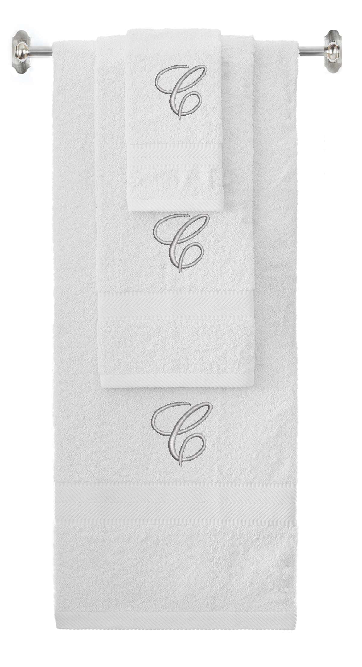 White monogrammed towel set with Silver thread, Diana Script font, initial C - 540 GSM cotton 3-piece