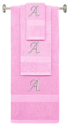 Pink monogrammed towel set with Silver thread, Chancery font, initial A - 540 GSM cotton 3-piece