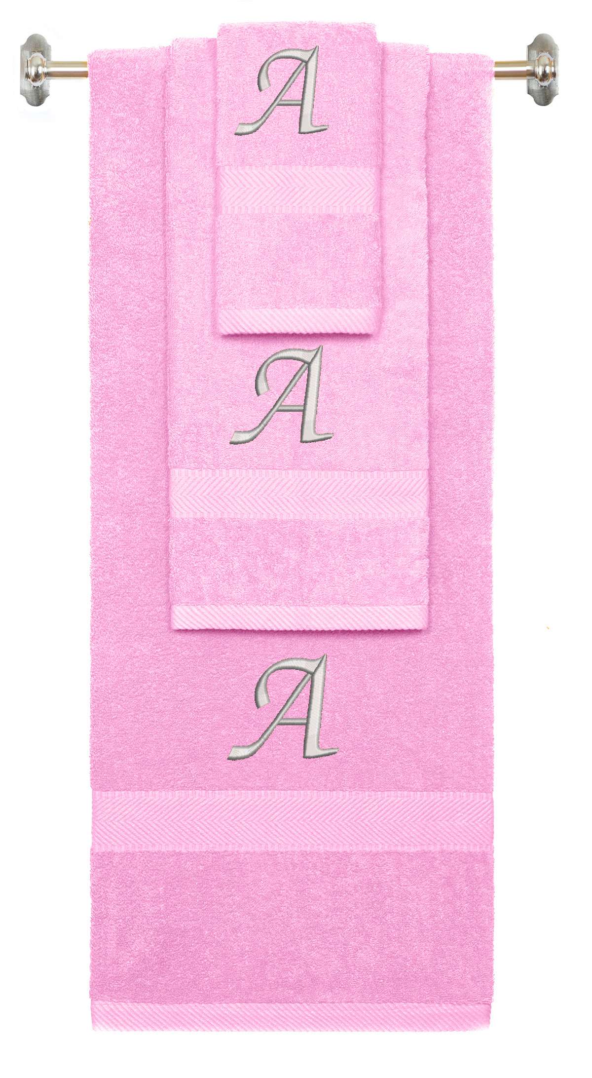 Pink monogrammed towel set with Silver thread, Chancery font, initial A - 540 GSM cotton 3-piece