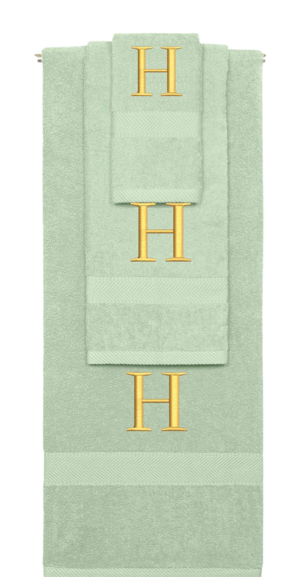 Mint Green monogrammed towel set with Gold thread, Times New Roman font, initial H - 540 GSM cotton 3-piece