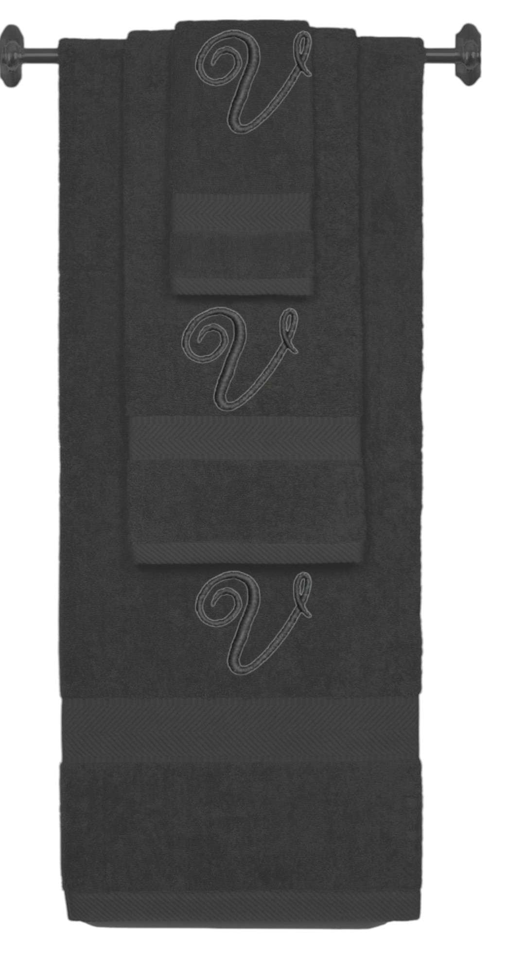 Charcoal monogrammed towel set with Black thread, Diana Script font, initial V - 540 GSM cotton 3-piece