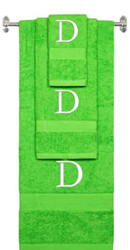 Lime monogrammed towel set with White thread, Times New Roman font, initial D - 540 GSM cotton 3-piece