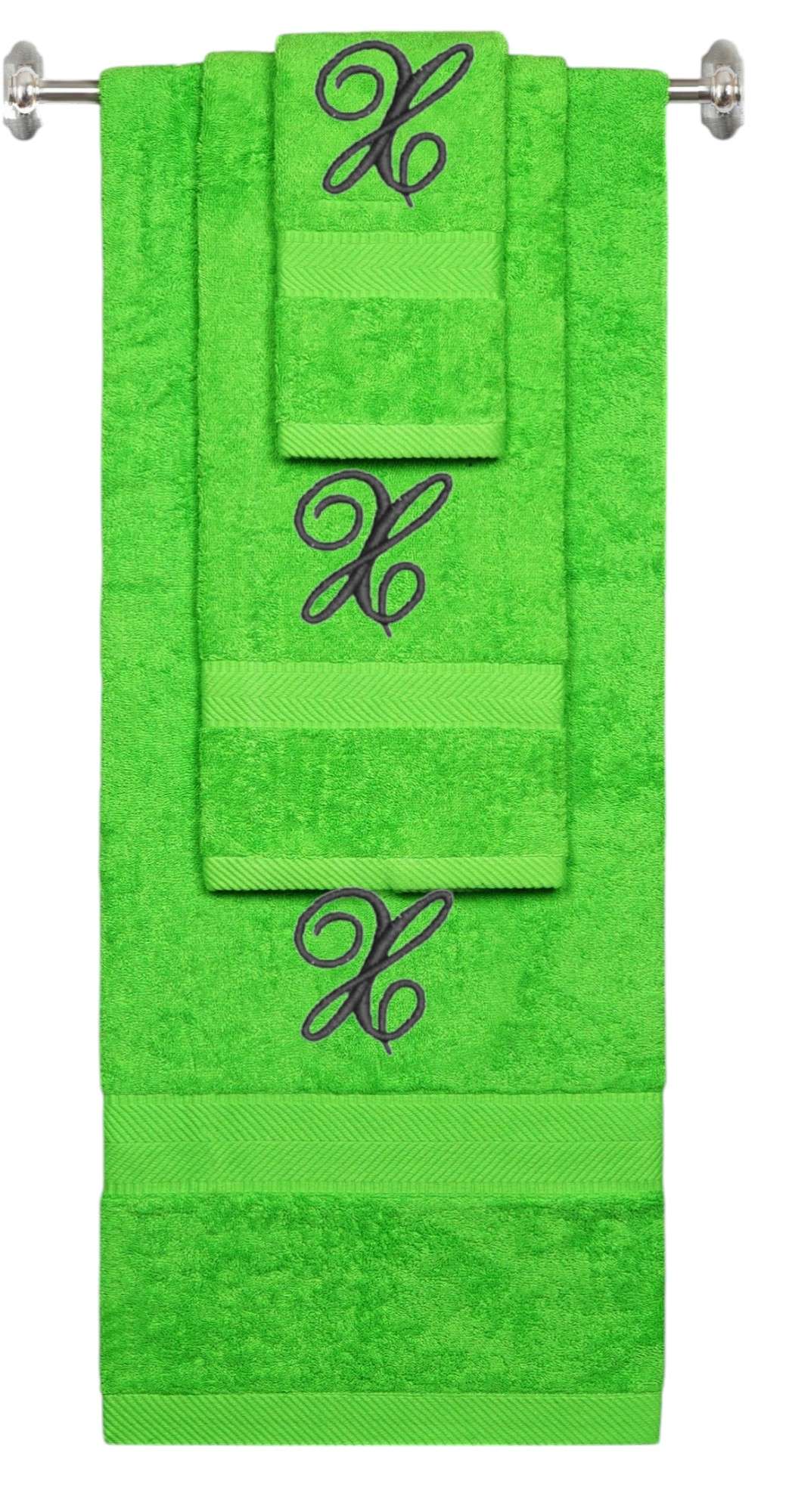 Lime monogrammed towel set with Black thread, Diana Script font, initial X - 540 GSM cotton 3-piece