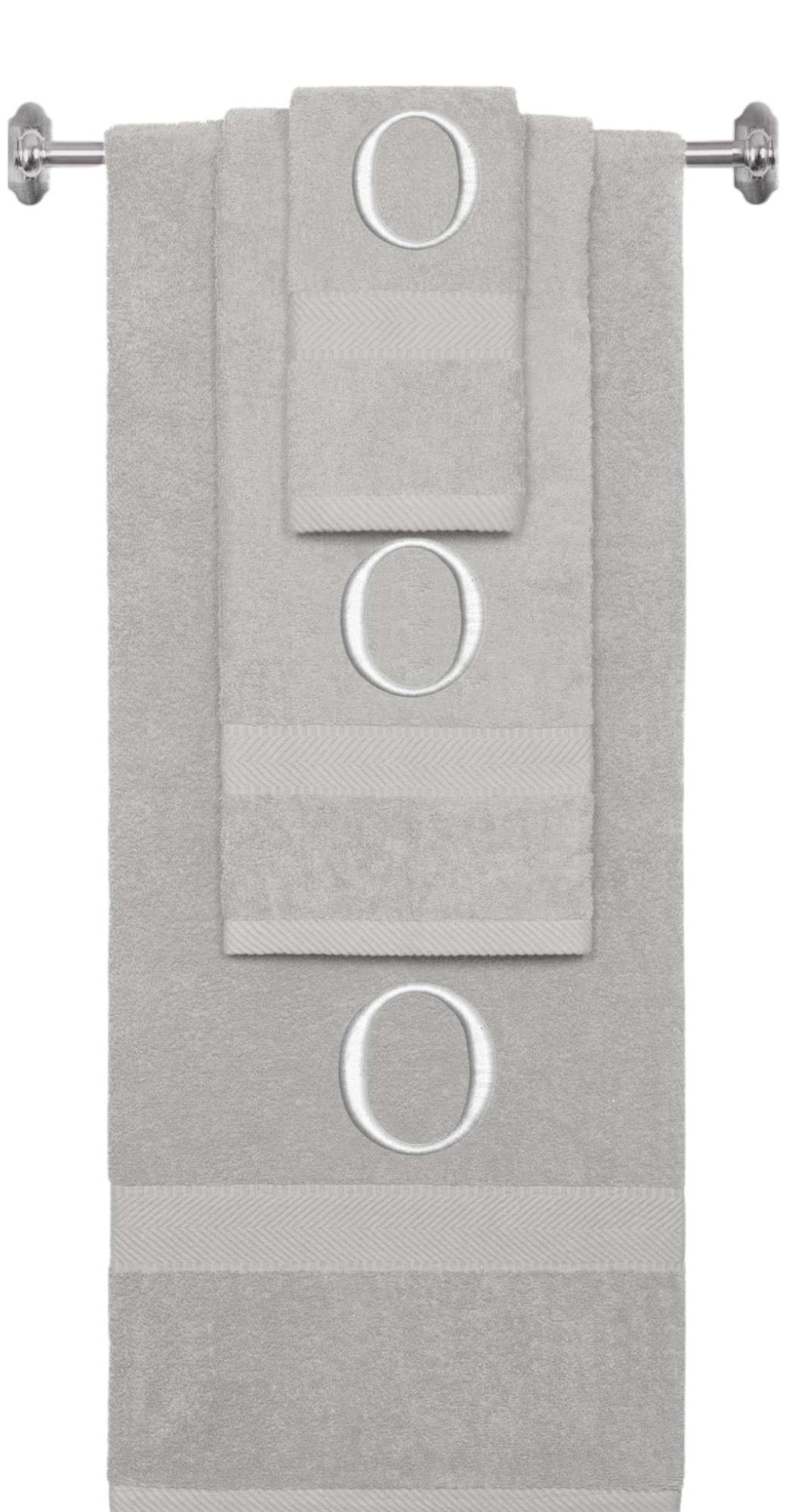 Silver monogrammed towel set with Silver thread, Times New Roman font, initial O - 540 GSM cotton 3-piece